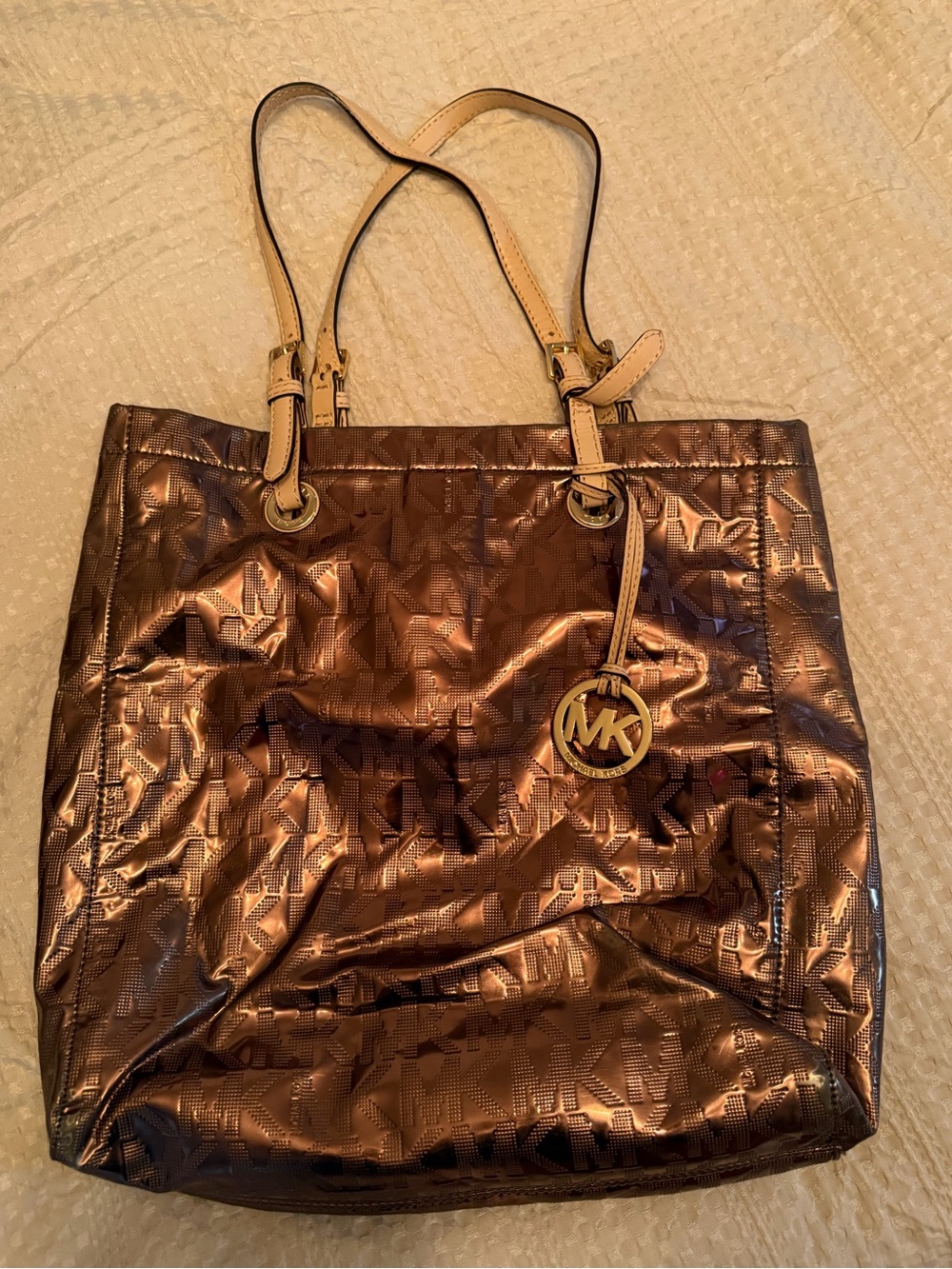 Michael Kors Bronze Metallic MK Logo Tote with Gold Charm